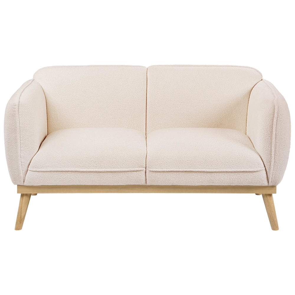 Set da salotto in stile scandinavo con divani a 2 e 3 posti, gambe affusolate in legno e rivestimento in bouclé beige chiaro