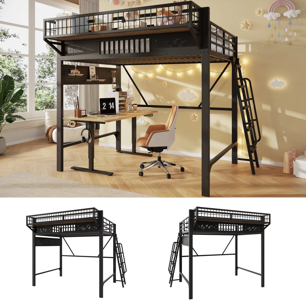 Letto a soppalco 140x200 cm per 2 persone, letto alto con ripiani portaoggetti e spazio aperto sottostante, metallo nero