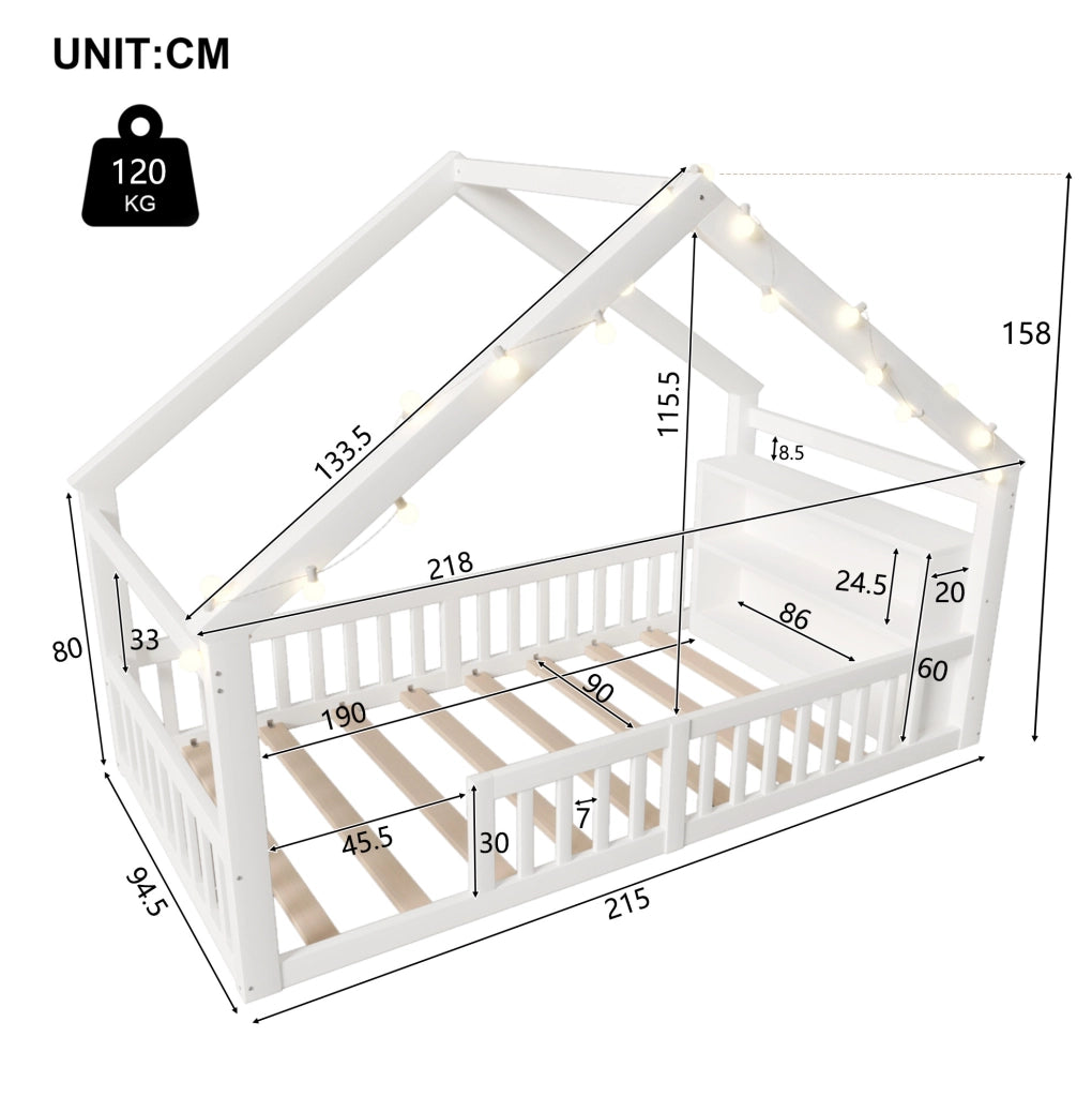 Letto per bambini a casetta 90x190 cm con sponde e ripiani laterali bianco
