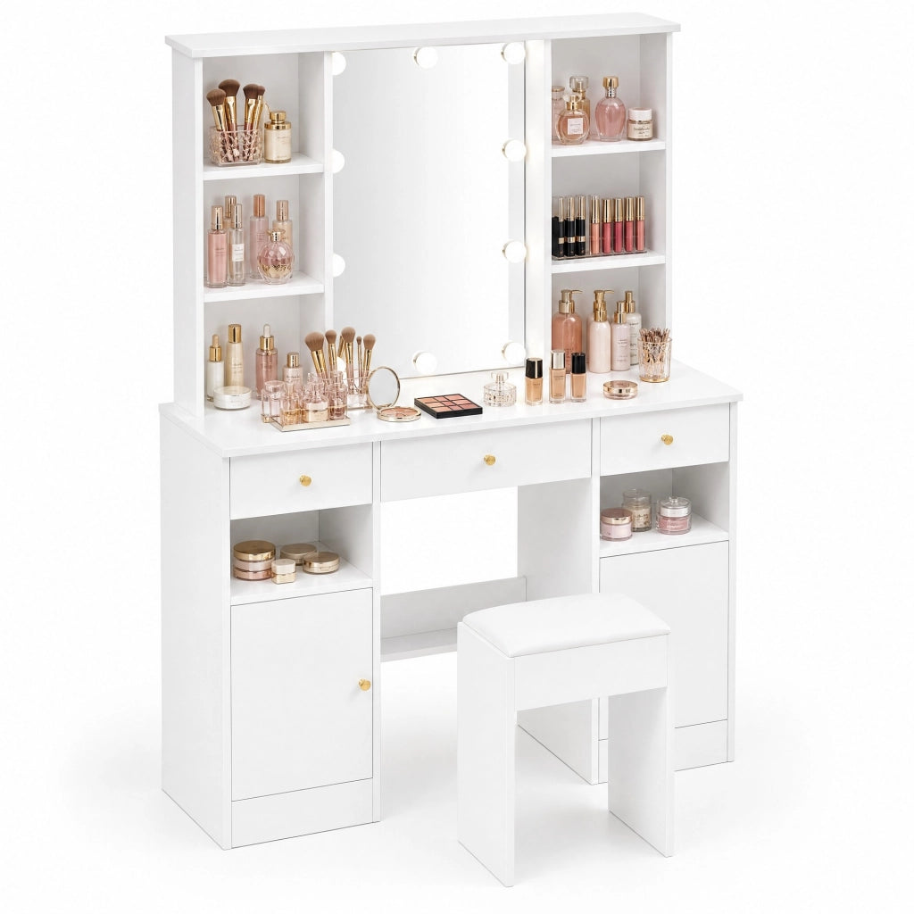 Tavolo trucco con specchio e LED; 3 cassetti; 2 ante; 110x40x151 cm; bianco