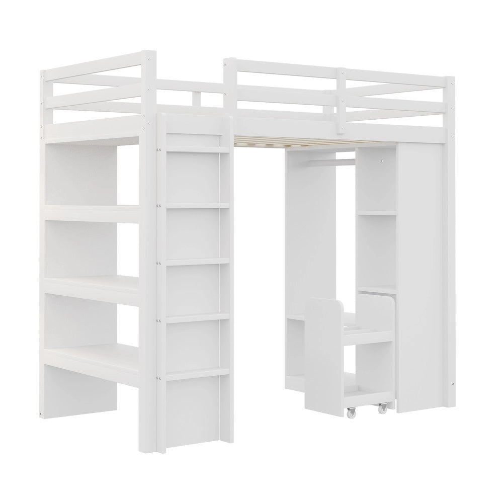 Letto a Soppalco Singolo ¨C MINIMAL ¨C Bianco, con Scaffali, Appendiabiti e Carrello, 90x200