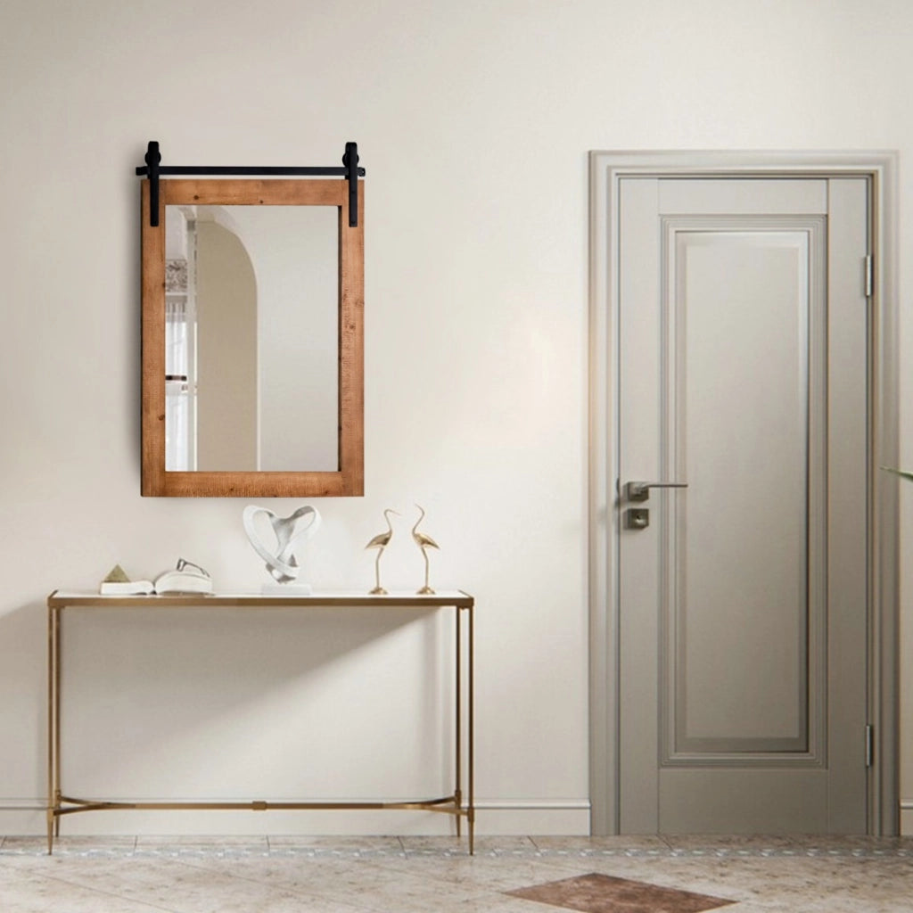Specchio a parete farmhouse 76,5x56cm-Specchio a muro rettangolare con cornice in legno staffa in metallo Marrone