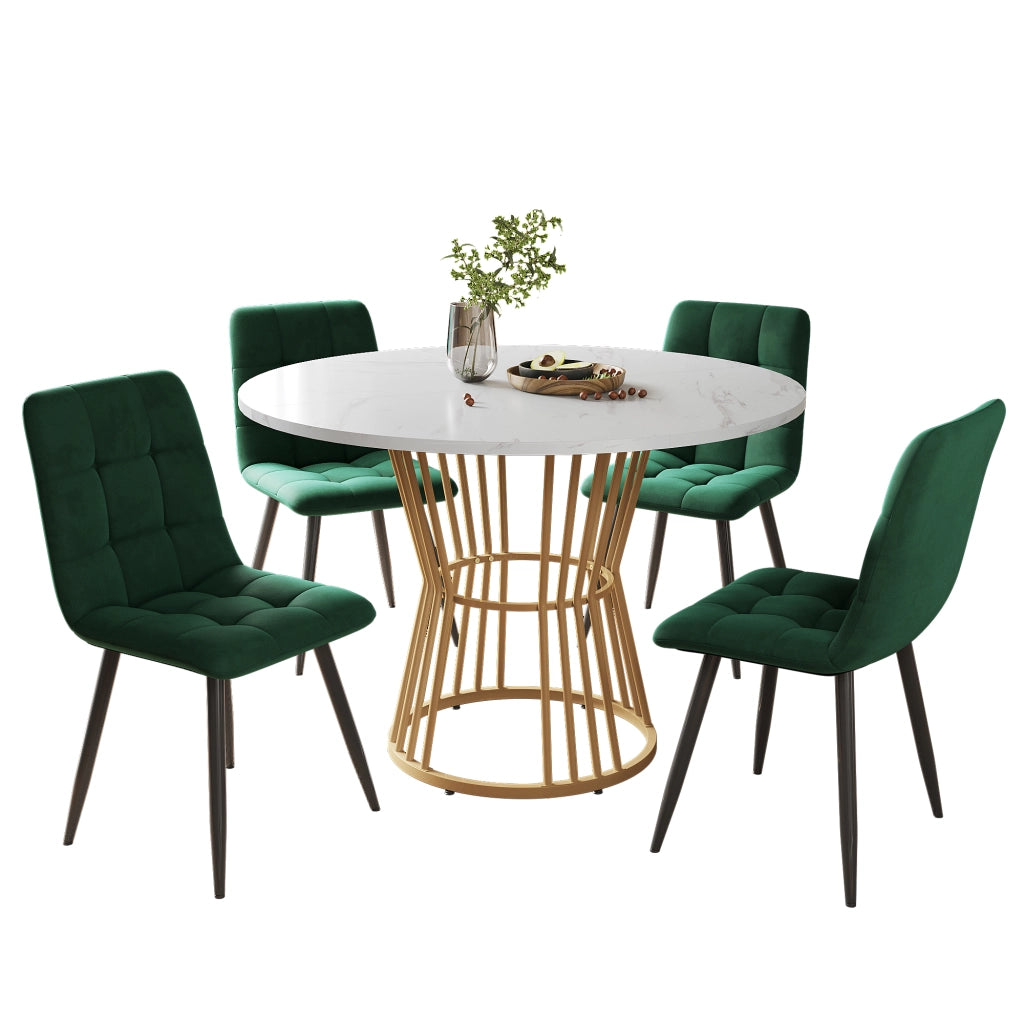 Tavolo da pranzo rotondo con 4 sedie set 5 pezzi, piano effetto marmo, base in metallo, per cucina e sala da pranzo