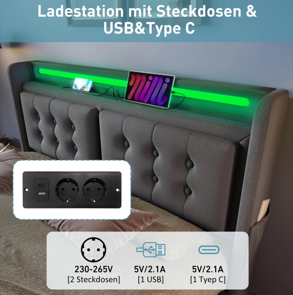Letto matrimoniale 140x200 con LED; presa USB e Type-C; contenitore sollevabile; grigio