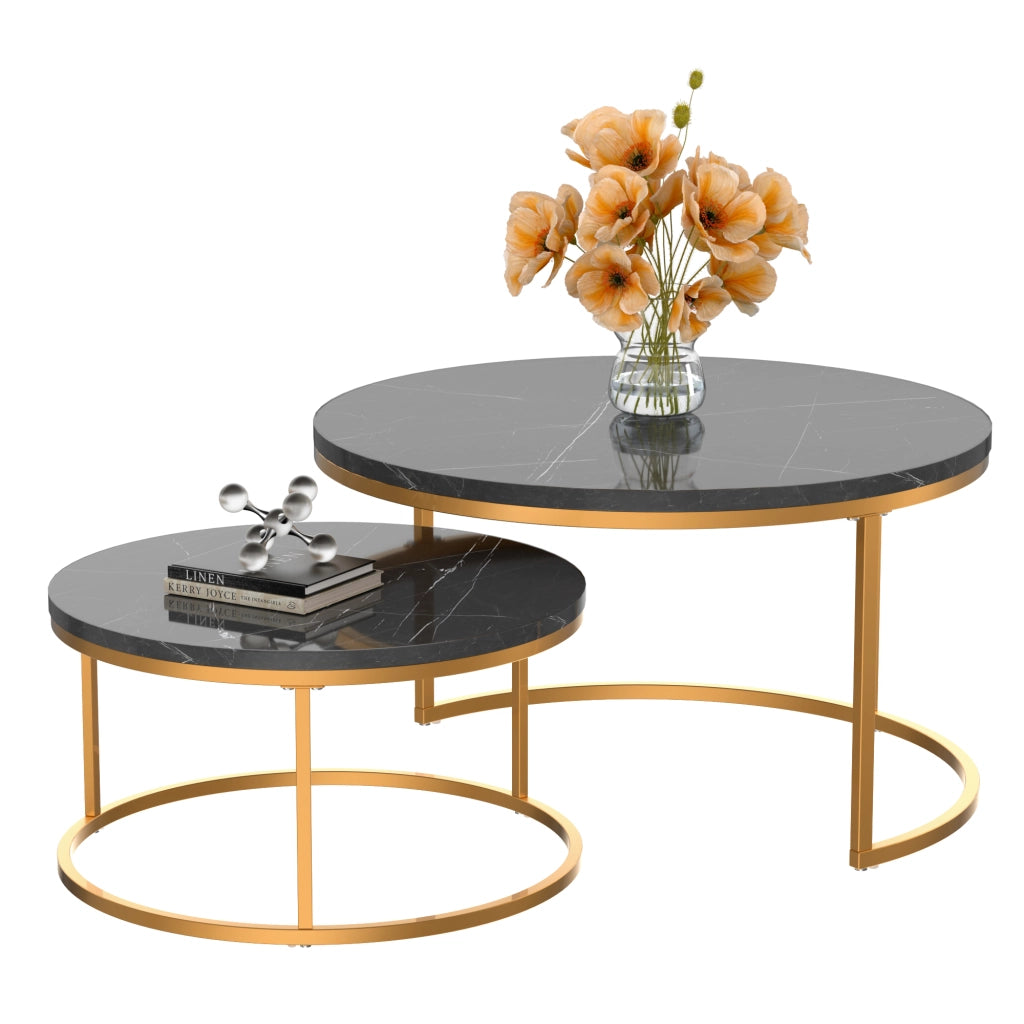 Set di 2 tavolini da salotto impilabili 80x80 cm e 60x60 cm nero e oro effetto marmo