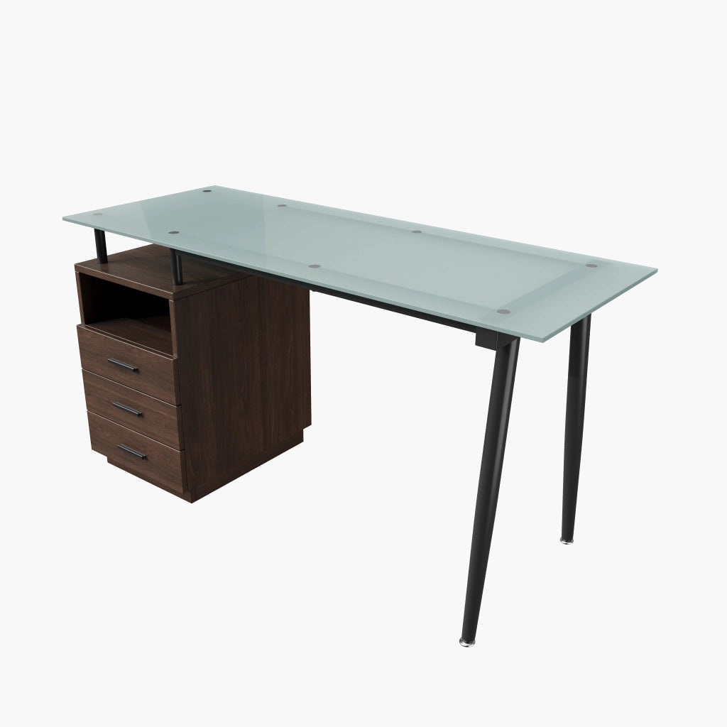 Scrivania moderna 130x50x75 cm con piano in vetro temperato, 3 cassetti e vano aperto, marrone
