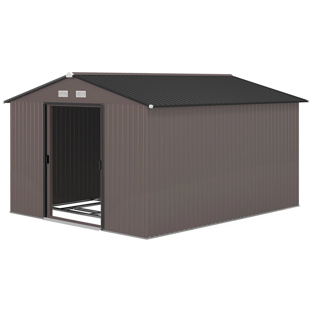 Casetta da Giardino con 2 Porte Scorrevoli e 4 Prese d'Aria in Acciaio, 322x277x192 cm, Marrone