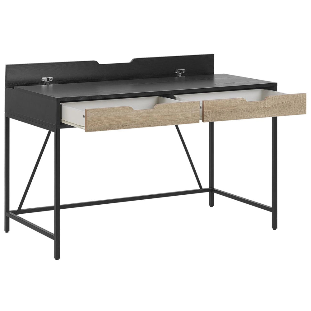 Scrivania da casa Piano in legno Nero Base in metallo 2 cassetti Legno chiaro 120 x 60 cm Design minimalista