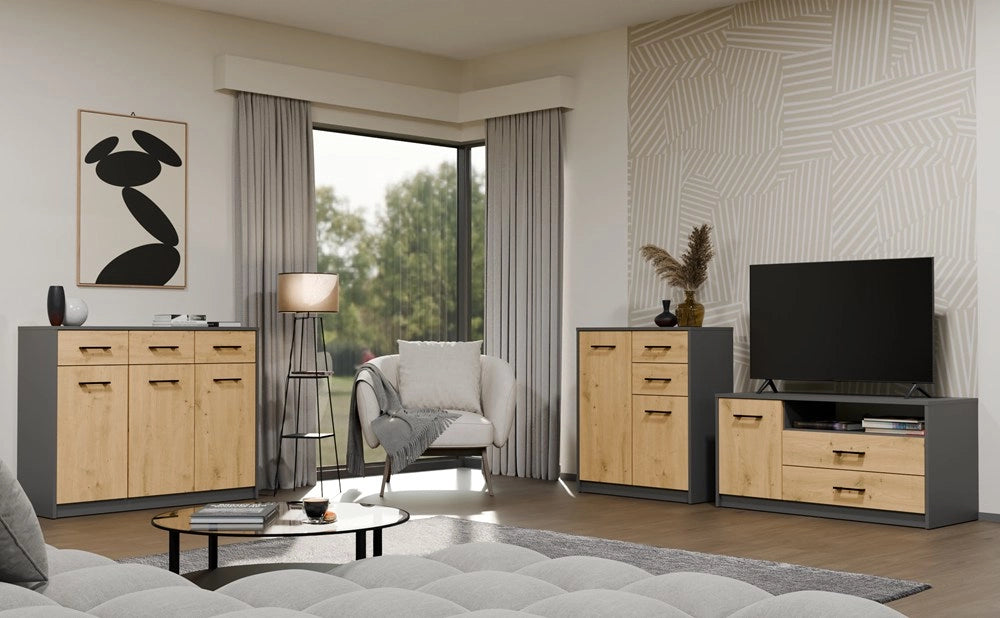 Cassettiera simplo 2d2s mobile 2 cassetti 2 ante per soggiorno antracite rovere artisan