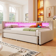 Letto 90x200 cm con LED; letto estraibile; USB e Type-C in lino beige