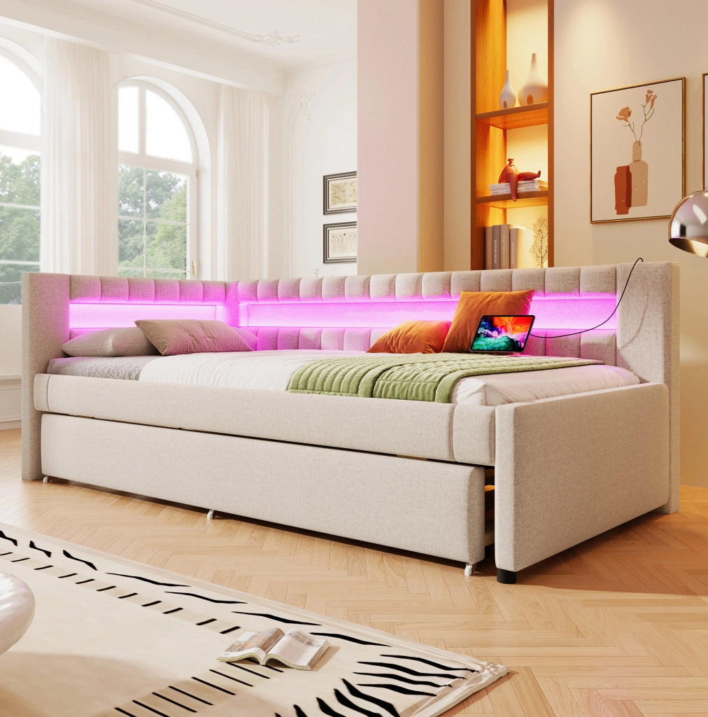 Letto 90x200 cm con LED; letto estraibile; USB e Type-C in lino beige