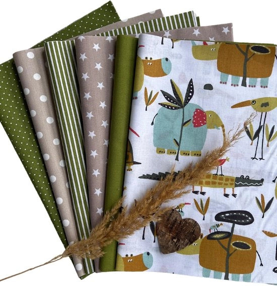 Pakchet di tessuti patchwork in cotone 12 x (25x35cm) (Safari Oliva Sabbia)