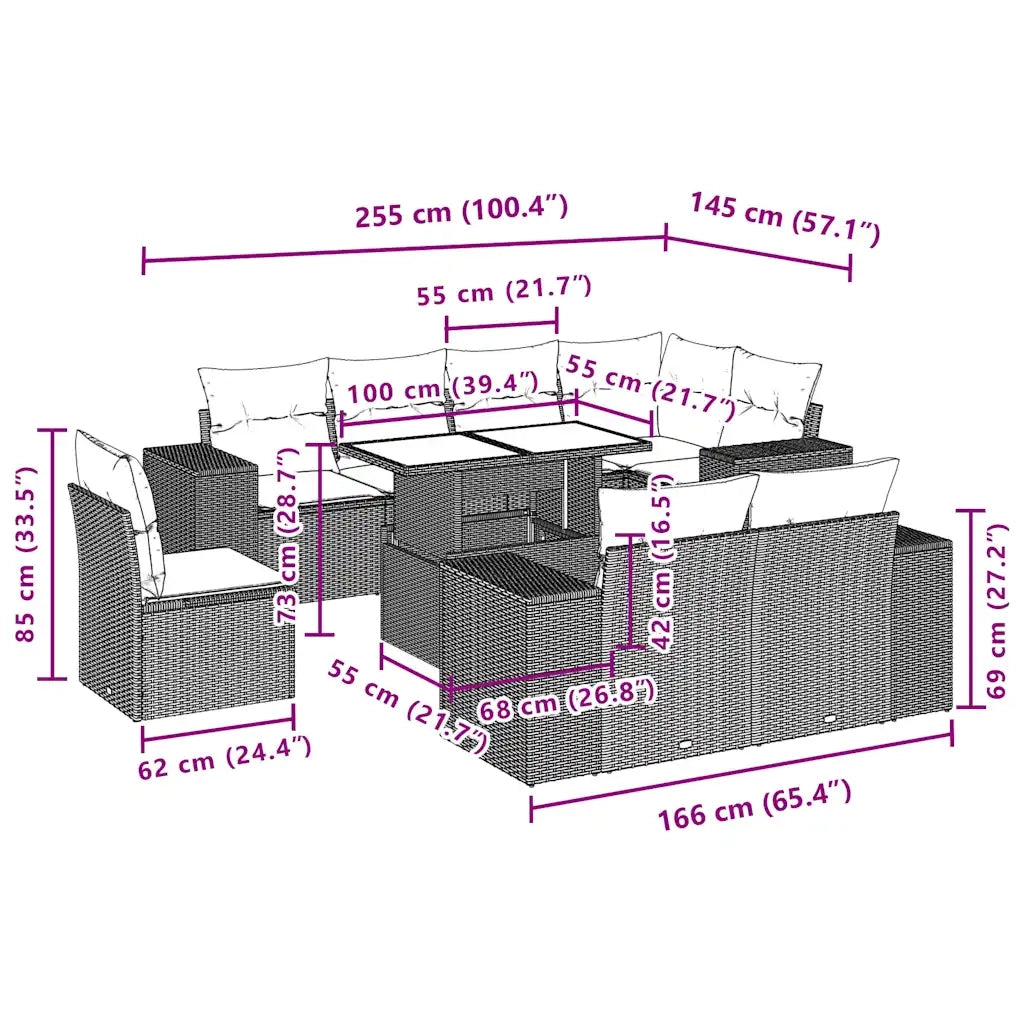 Set Divani da Giardino 9 pz con Cuscini Nero in Polyrattan