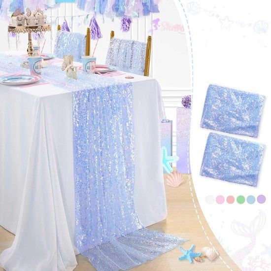 Tavolo da pranzo in blu 2 pezzi 63 x 300 cm tavolo da pranzo con luci per decorazione da tavola per bimbi pailletti Adatto per decorazioni da festa, compleanni, matrimoni, Natale, decorazioni scolastiche
