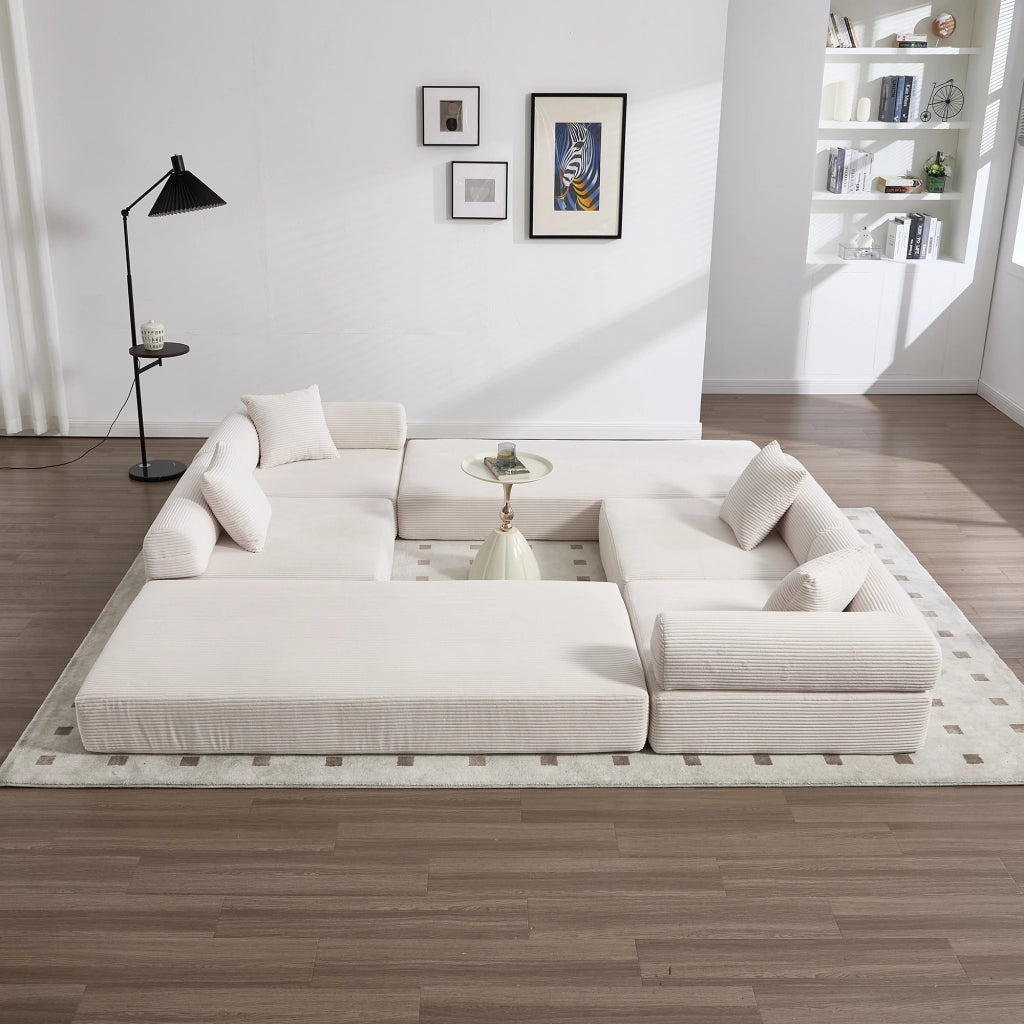 Divano modulare beige in velluto a coste con tasca laterale 270x180x64 cm