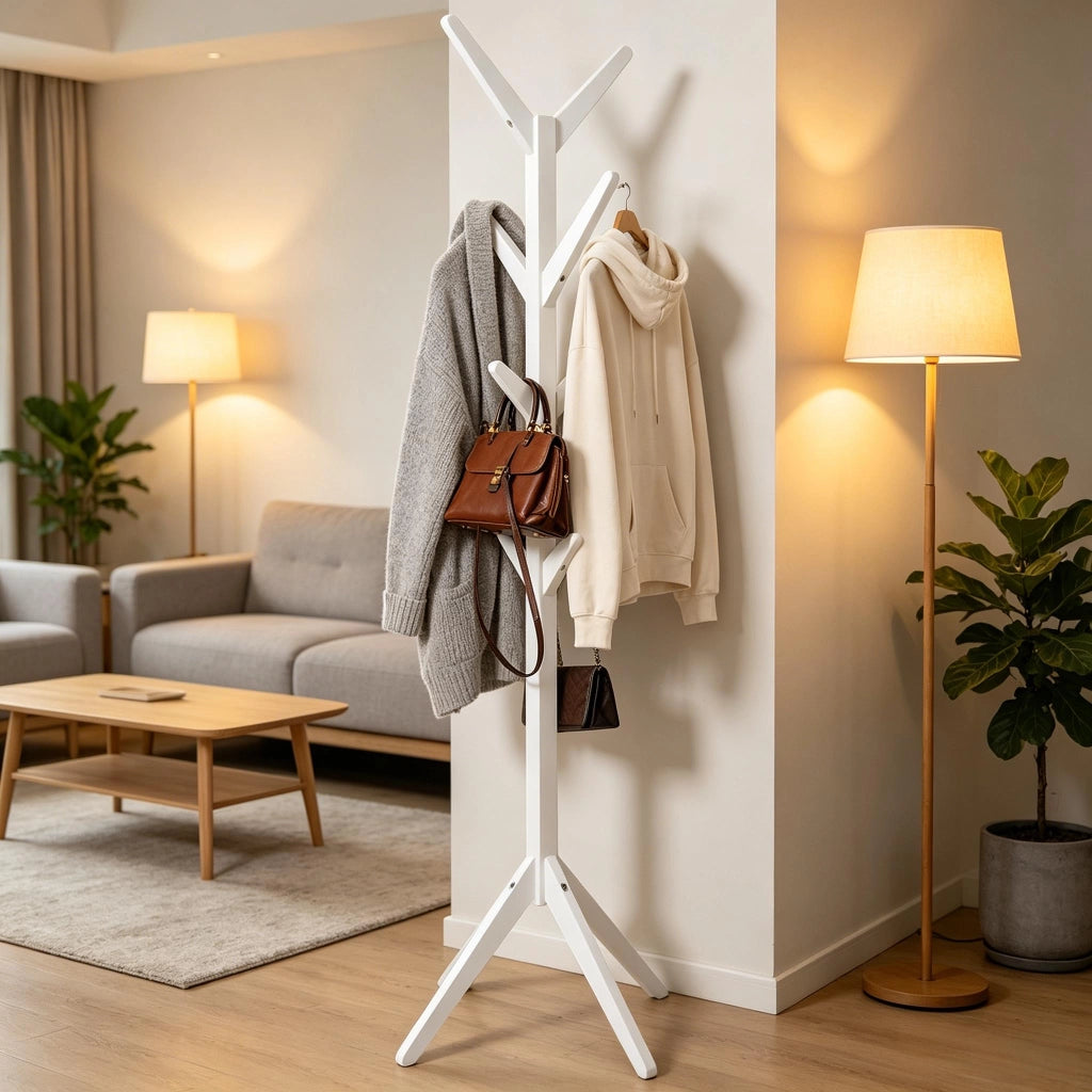 Appendiabiti in legno massiccio bianco con 8 ganci, design moderno, 180 cm