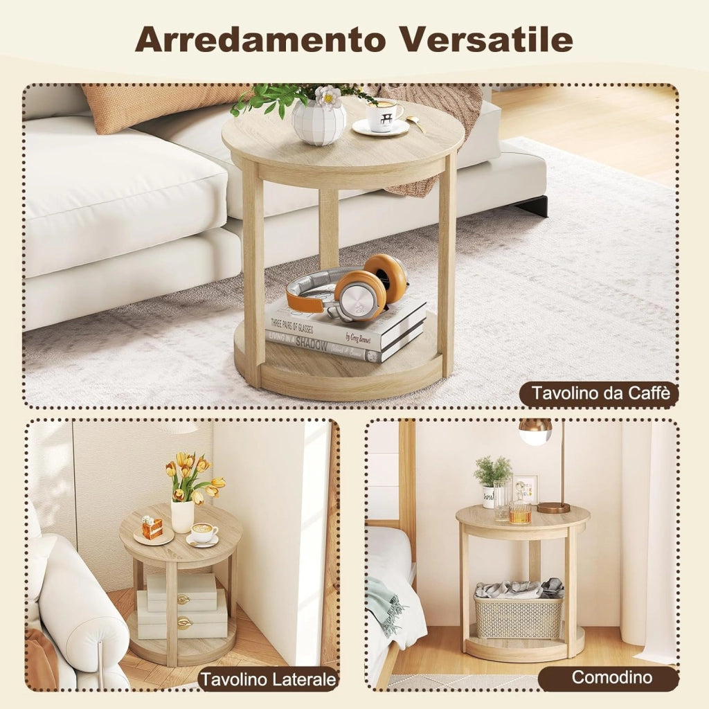Tavolino Rotondo da Salotto, Tavolo da Caffè a 2 Livelli con Ripiano e Gambe in Legno di Gomma, Portata 160 kg, Tavolino in Legno per Soggiorno, Studio e Ufficio, 60,5 x 60,5 x 61 cm (Quercia)