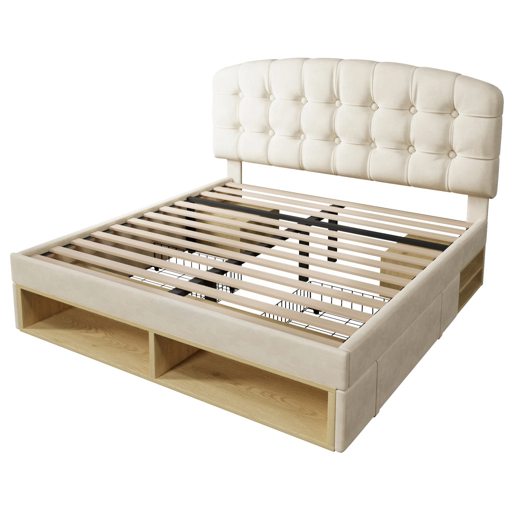 Letto matrimoniale 140x200 cm, rivestimento in velluto, testiera regolabile, 2 cassetti, beige