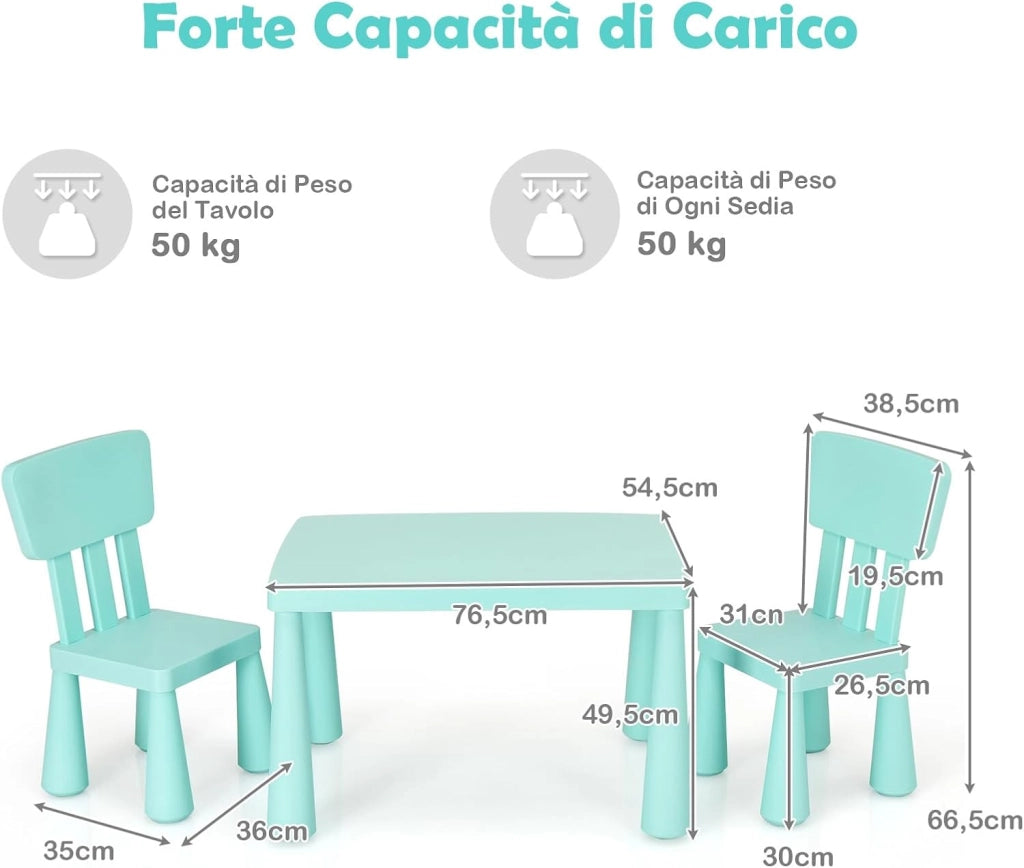 Set di Tavolo e Sedie per Bambini, Multifunzione, Tavolo e 2 Sedie da Gioco, 76,5 x 54,5 x 49,5 cm (Verde)