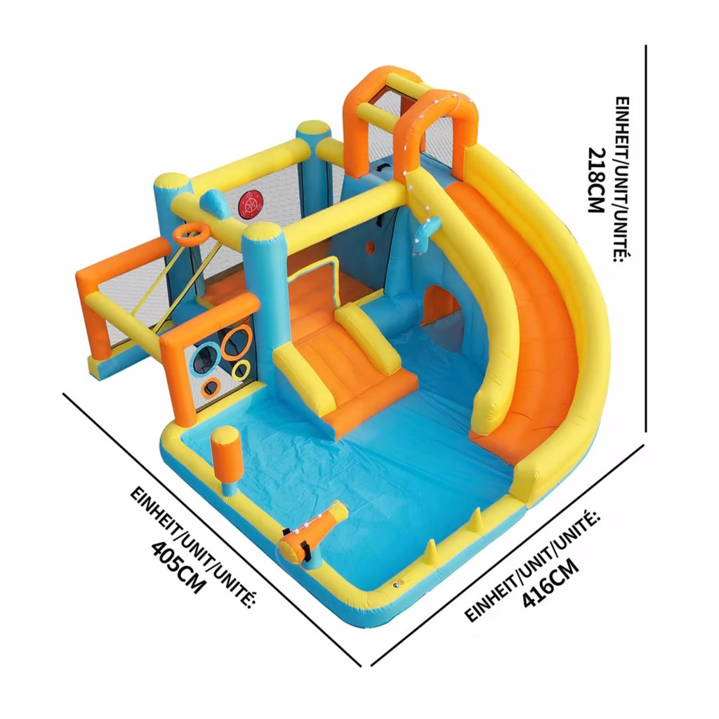 Castello gonfiabile con scivolo, piscina, campo da calcio e canestro in tessuto oxford colorato 360 × 320 × 200 cm