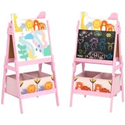 Cavalletto Artistico per Bambini 3-8 Anni con Lavagna a 2 Lati e 2 Cestini Contenitori, in Legno, 53.5x49x113 cm, Rosa