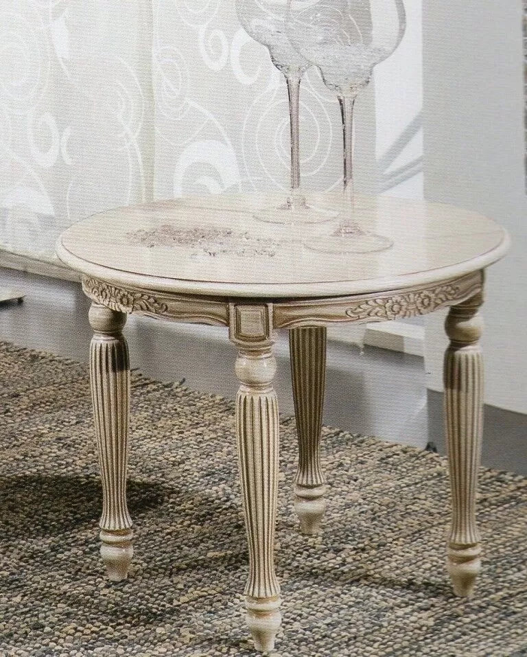 Tavolino rotondo shabby da salotto in legno intagliato con fregi 58x47 - Mobili 2G