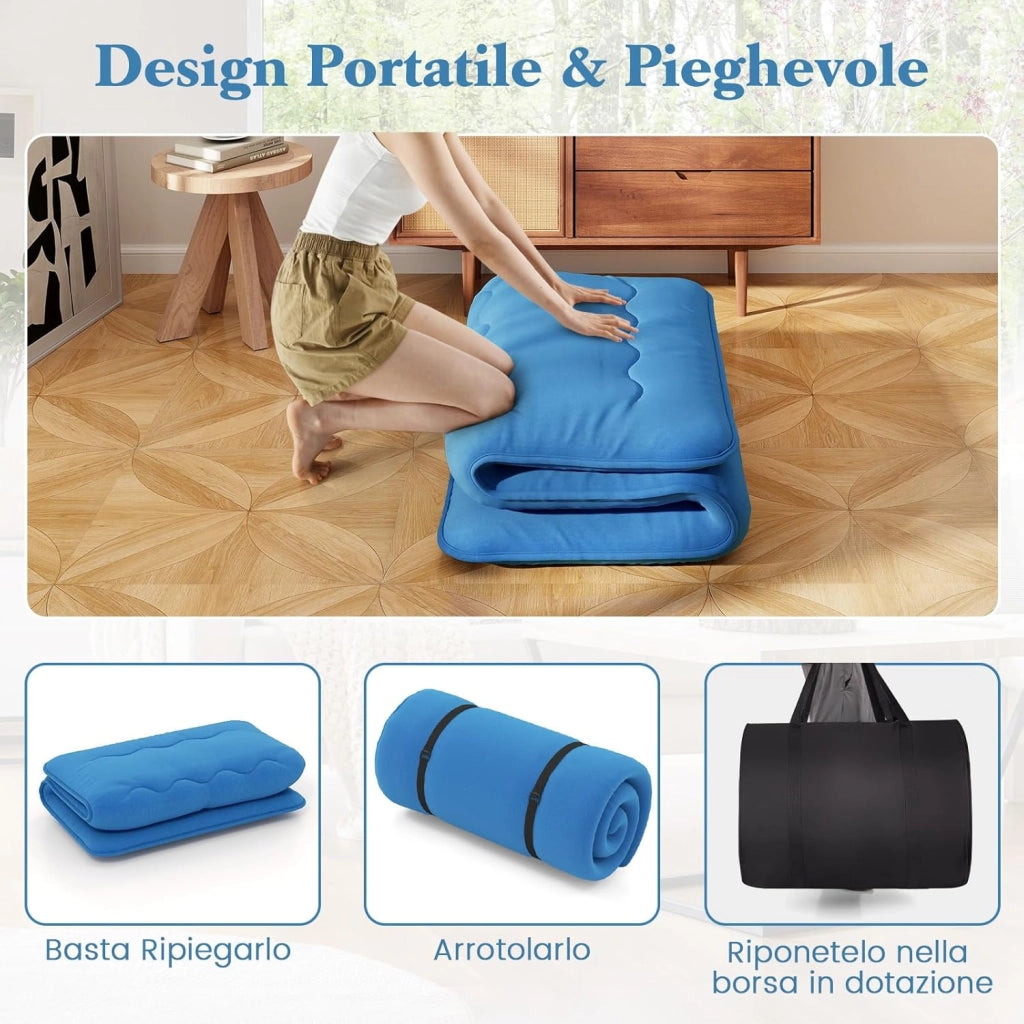 Materasso Futon Pieghevole, Materasso Portatile con Sacca da Trasporto per Camping, Materasso da Terra con Copertura Lavabile (200 x 90 cm, Blu)