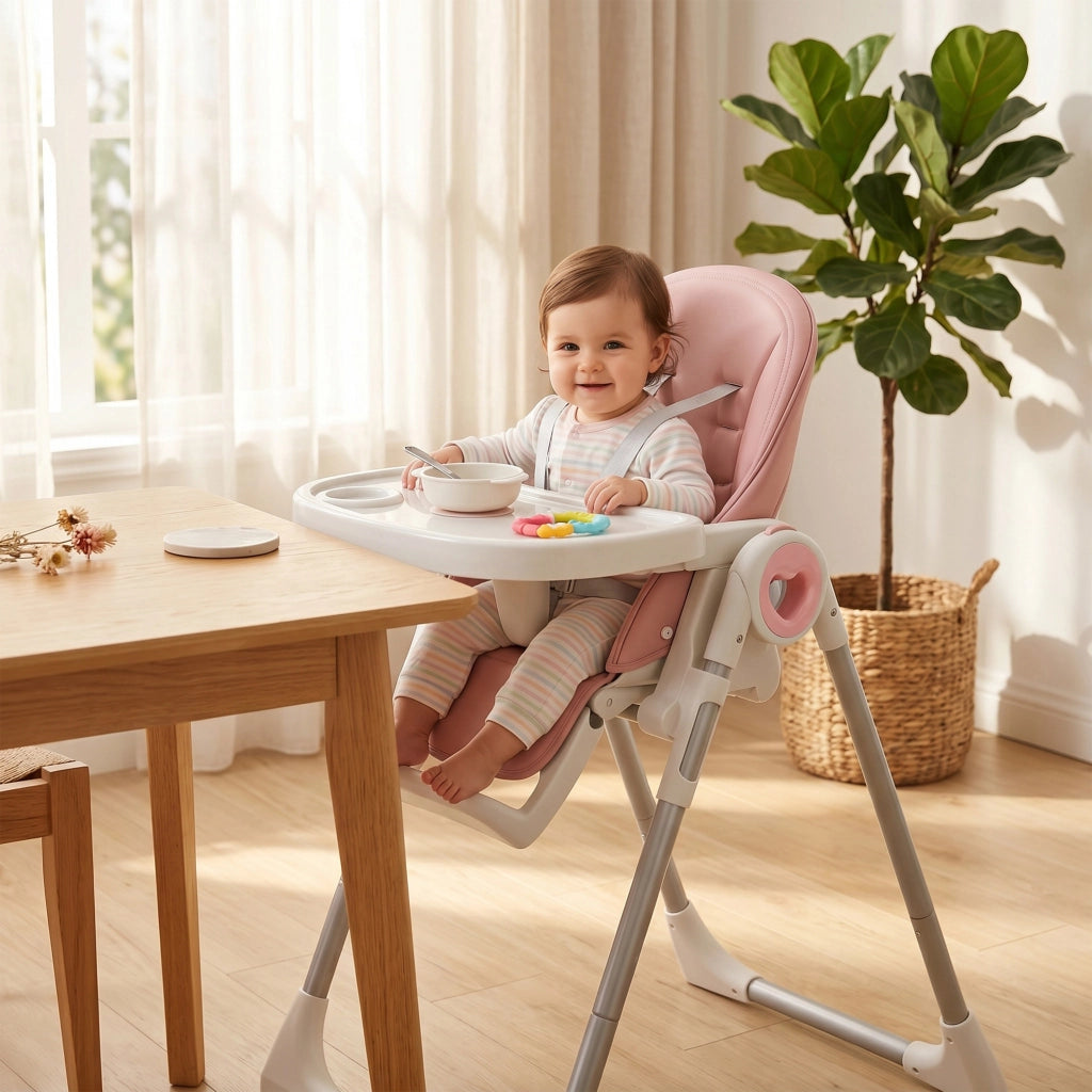 Seggiolone Pappa Pieghevole per Bambini 6-36 Mesi con Altezza Regolabile, Doppio Vassoio Lavabile, Ruote, Rosa