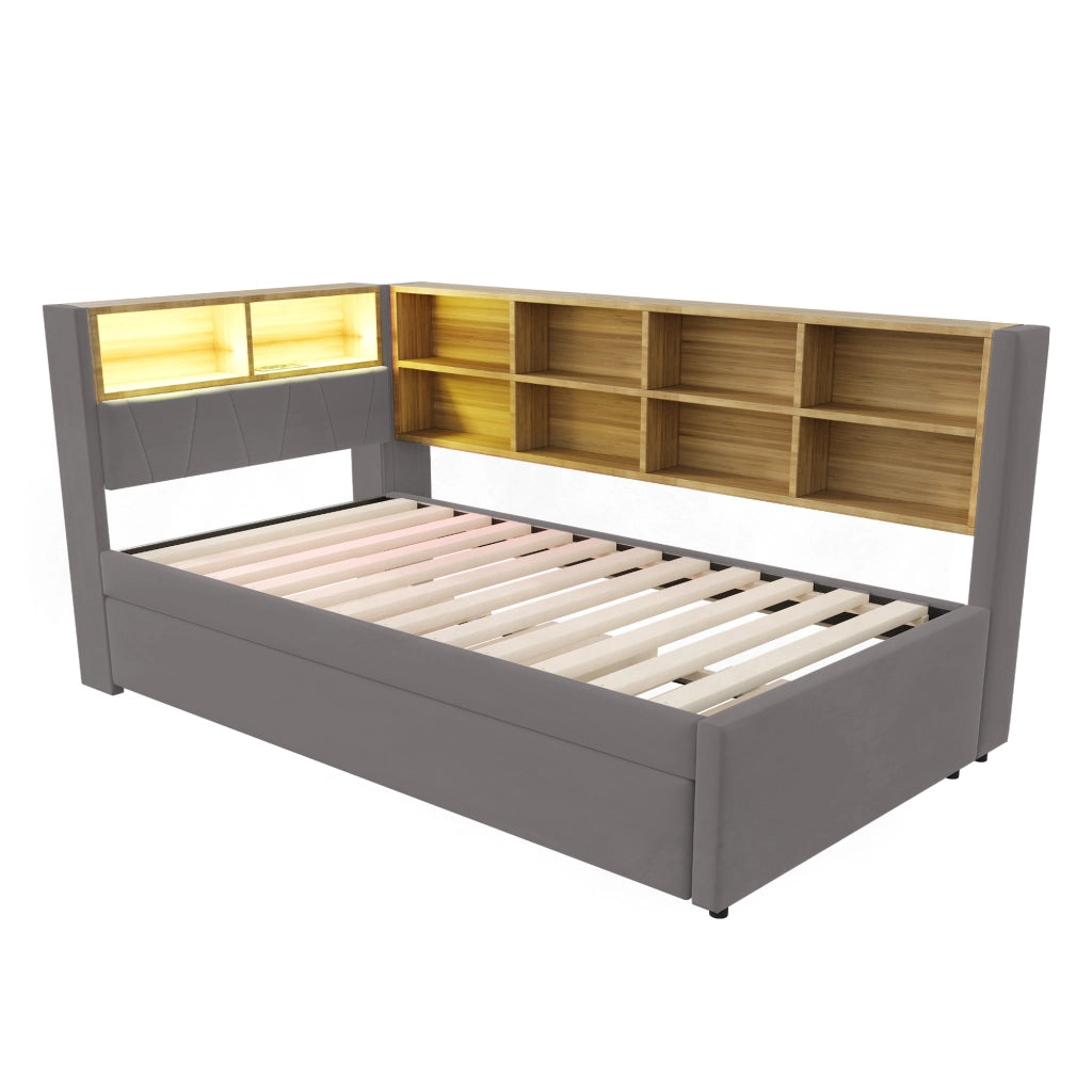 OKWISH Letto Divano 90×200 cm, Letto Singolo con Letto Estraibile 90×190 cm, LED, USB e Tipo C, senza Materasso, Flanella, Grigio Scuro