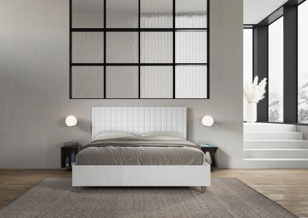 BS COM Letto matrimoniale con rete 160x190 bianco frassino testata similpelle bianco