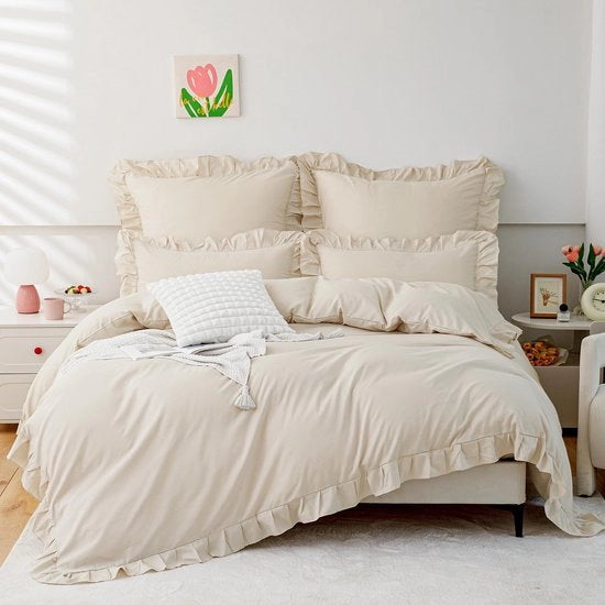 Asciugamani da letto 135 x 200 cm - Copriletto beige - Asciugamani per cuscini 80 x 80 cm - Microfibra - Certificato Öko-Tex - Leggero/Design a ruches.