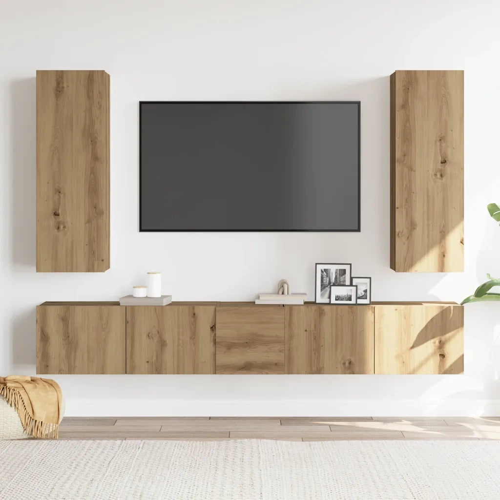 Set Mobile TV 5 pz Montato a Parete Rovere in Legno Multistrato 3329194