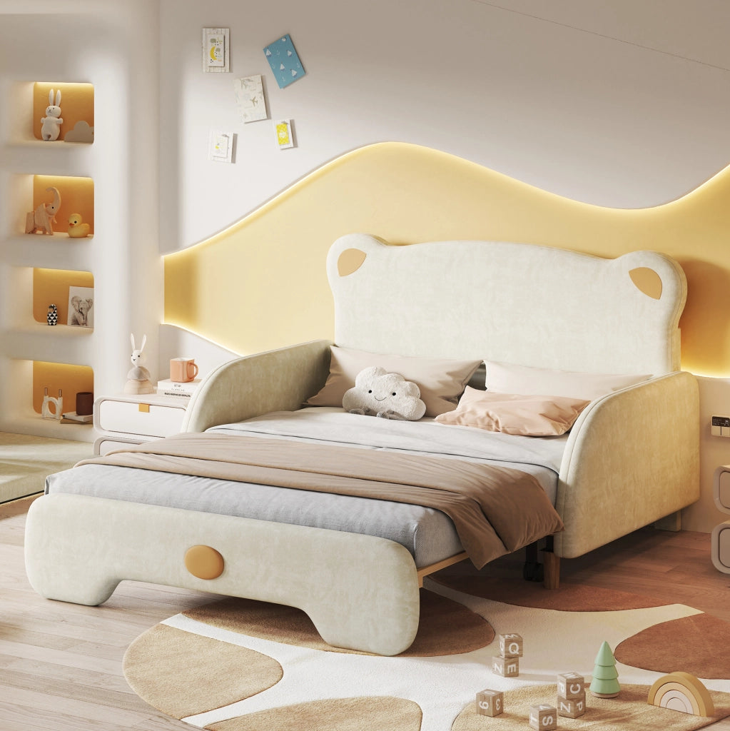 Letto matrimoniale 205x149x106.5 cm con sponde morbide; rete a doghe in legno; velluto beige
