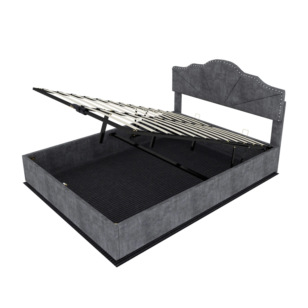 DESMIU Letto contenitore 140 × 200 cm 2 posti con testiera geometrica, senza materasso, in tessuto, grigio