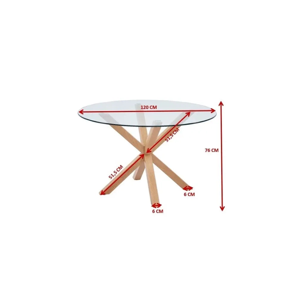 Tavolo da pranzo ALEX – Rotondo 120 cm – Piano in vetro temperato e gambe in metallo effetto legno – Stile moderno