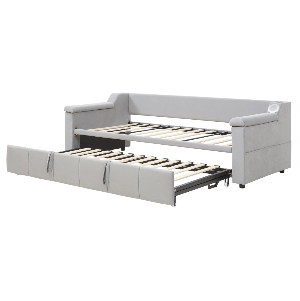 Divano letto imbottito 90/180x190 cm grigio in velluto con Bluetooth e USB