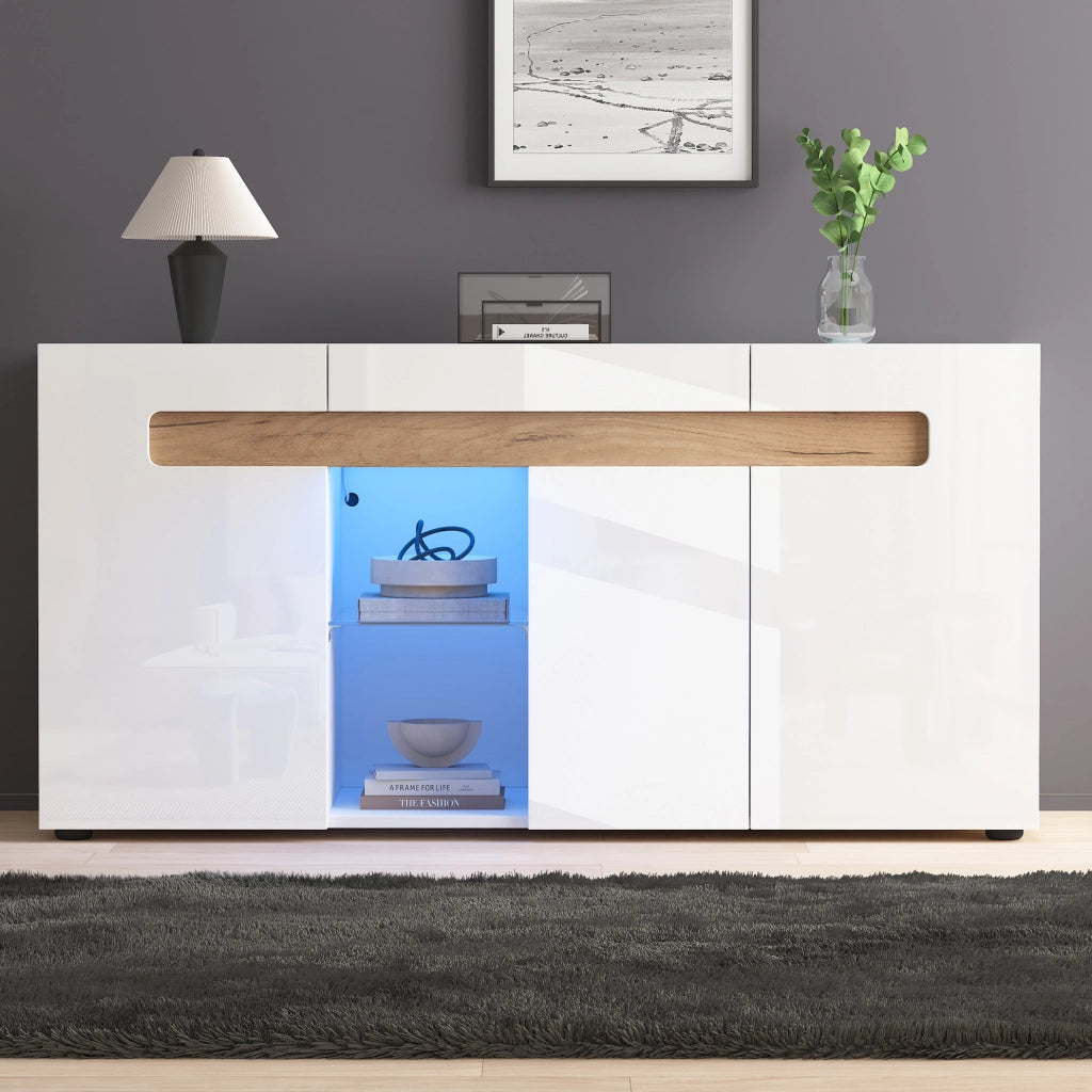 Credenza 140x40x70 cm con LED controllato da app e 3 ante in truciolato bianco e naturale