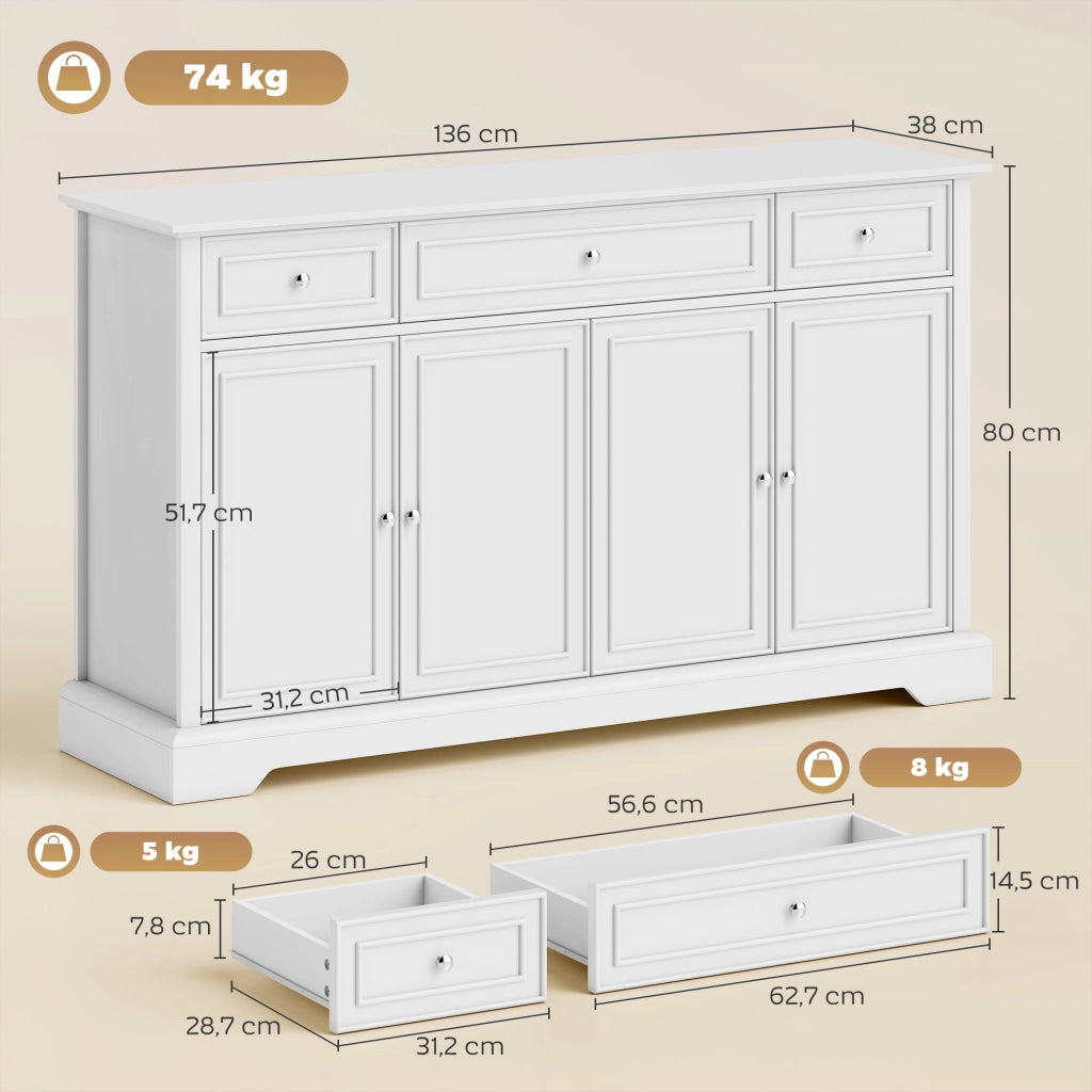 Credenza con cassetti e ante scorrevoli ¨C zephmum ¨C Bianco 120x40x90 cm
