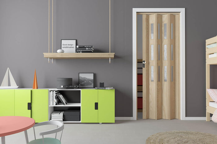 Porta a Soffietto da Interno 88,5x214 cm in PVC con Vetro Satinato Florance Cedro