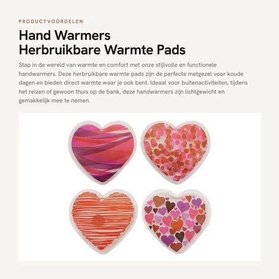 Set di Caldi per Mani - Pannelli di Calore Riciclabili - Ideali per Giorni Freddi - Set da 4 - Disegno Cuori - Portatile e Leggero - Comodo