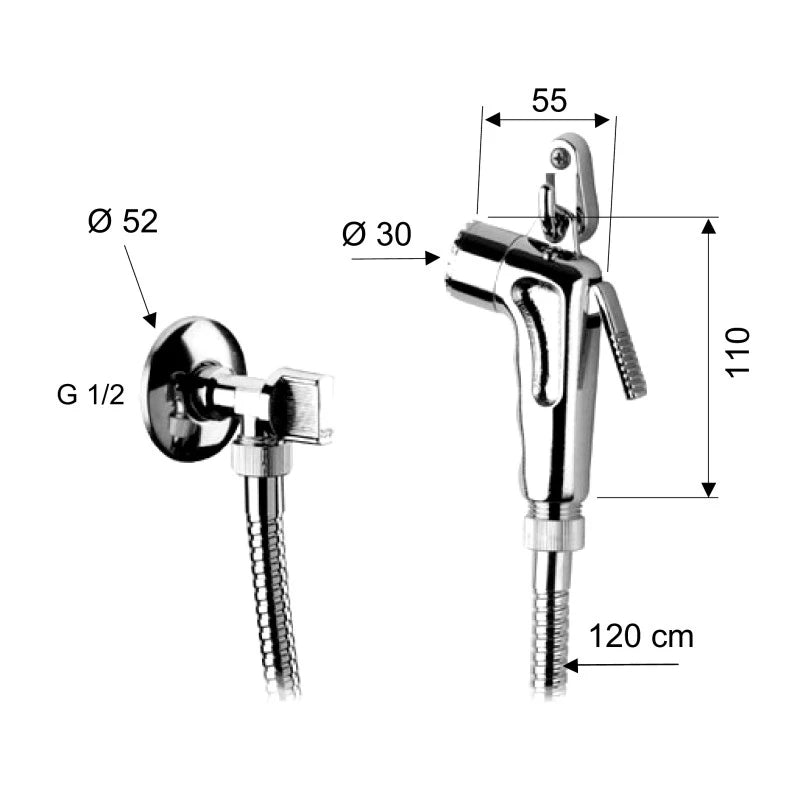 Set doccetta bidet eco con doccia a pulsante, flessibile, rubinetto e gancio cromato