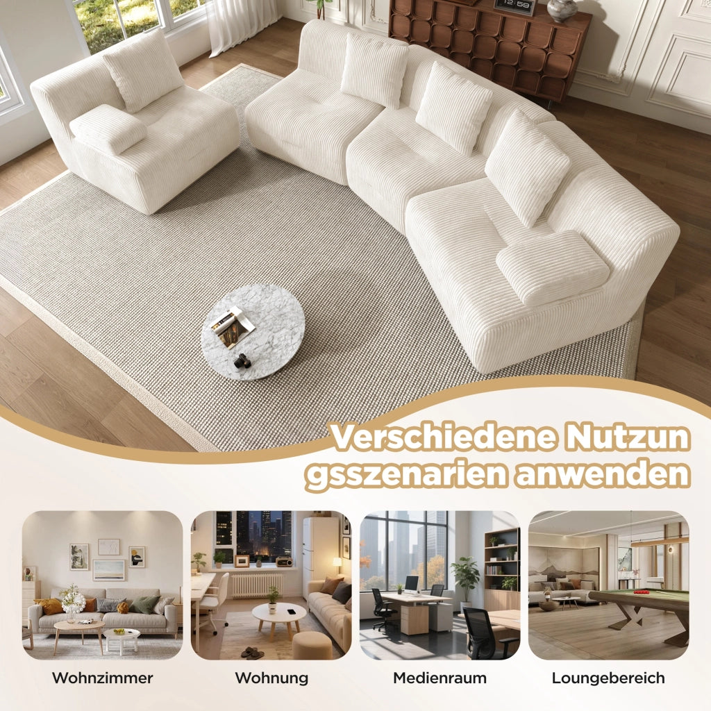DIVANO modulare 4 posti in corduroy beige chiaro 311 x 90 x 65 cm