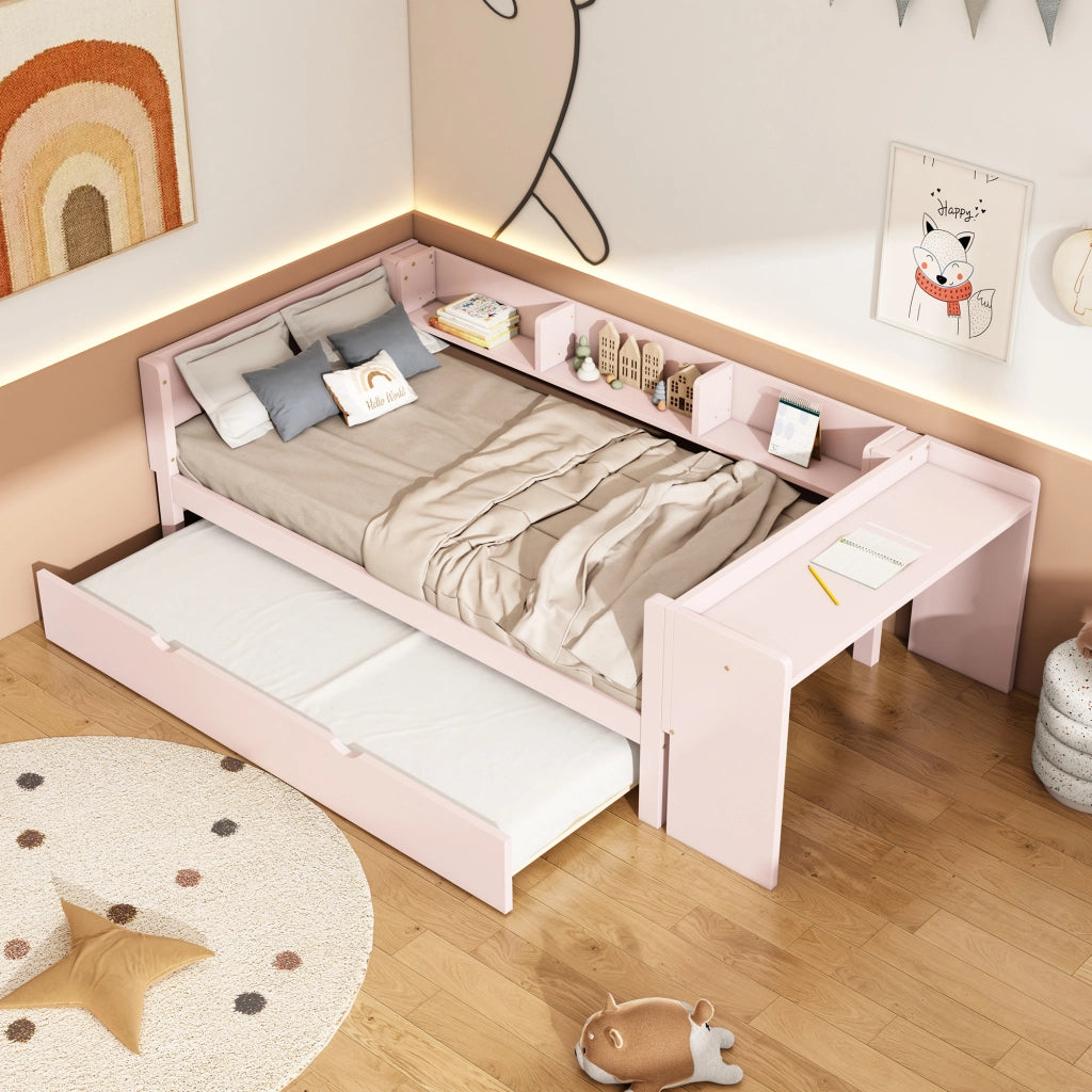 OKWISH Letto estraibile 90×200 cm, Letto Singolo con Letto estraibile, Scrivania e 3 Mensole, senza Materasso, in Pino e MDF, Rosa