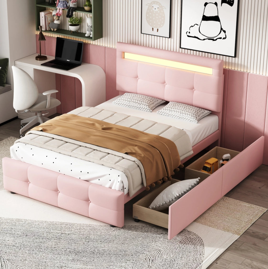 Letto singolo imbottito 90x200 cm con LED e 2 cassetti rosa