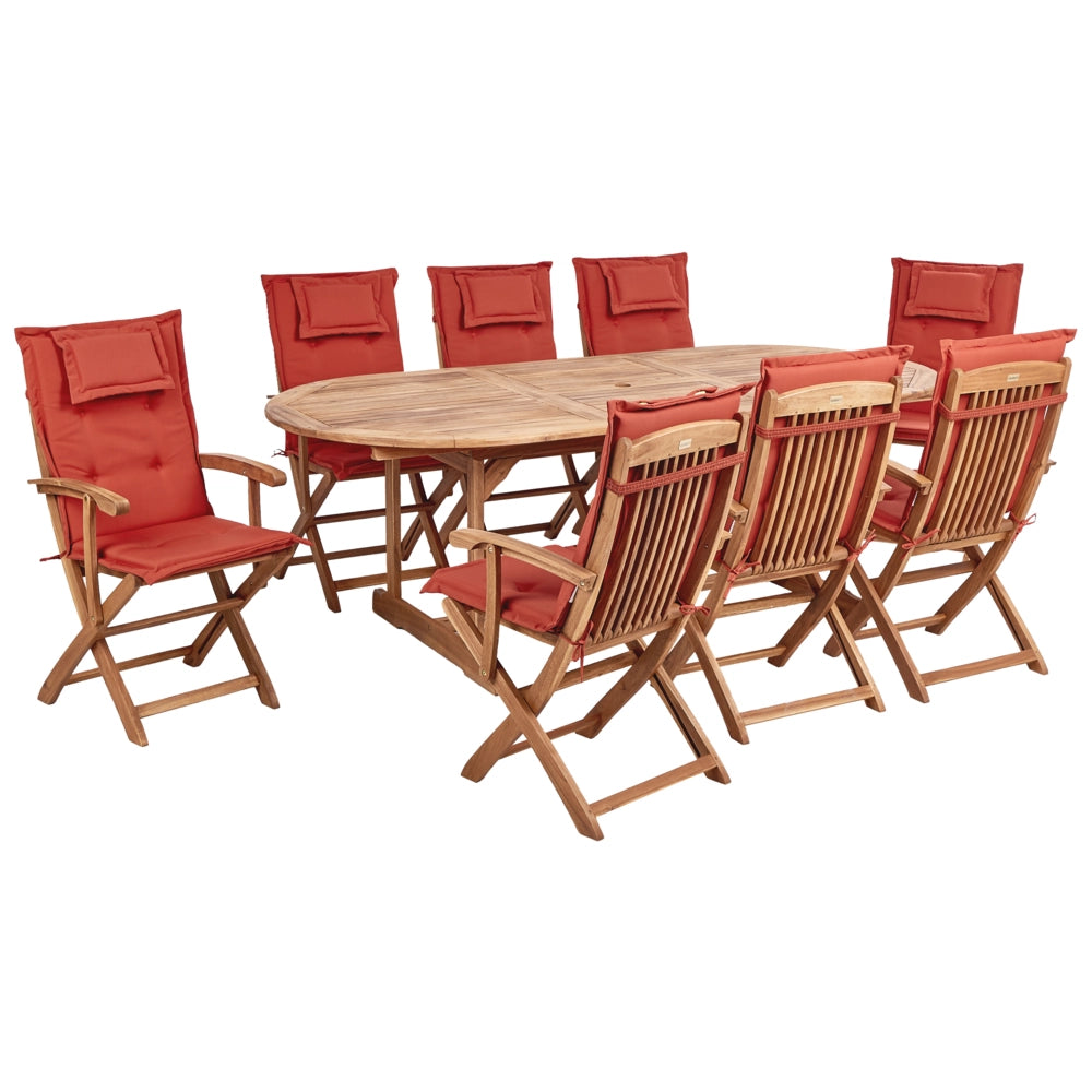 Set da pranzo per esterni in legno di acacia chiaro con cuscini grigi Tavolo a 8 posti sedie pieghevoli con cuscini rossi e Ombrellone Design rustico