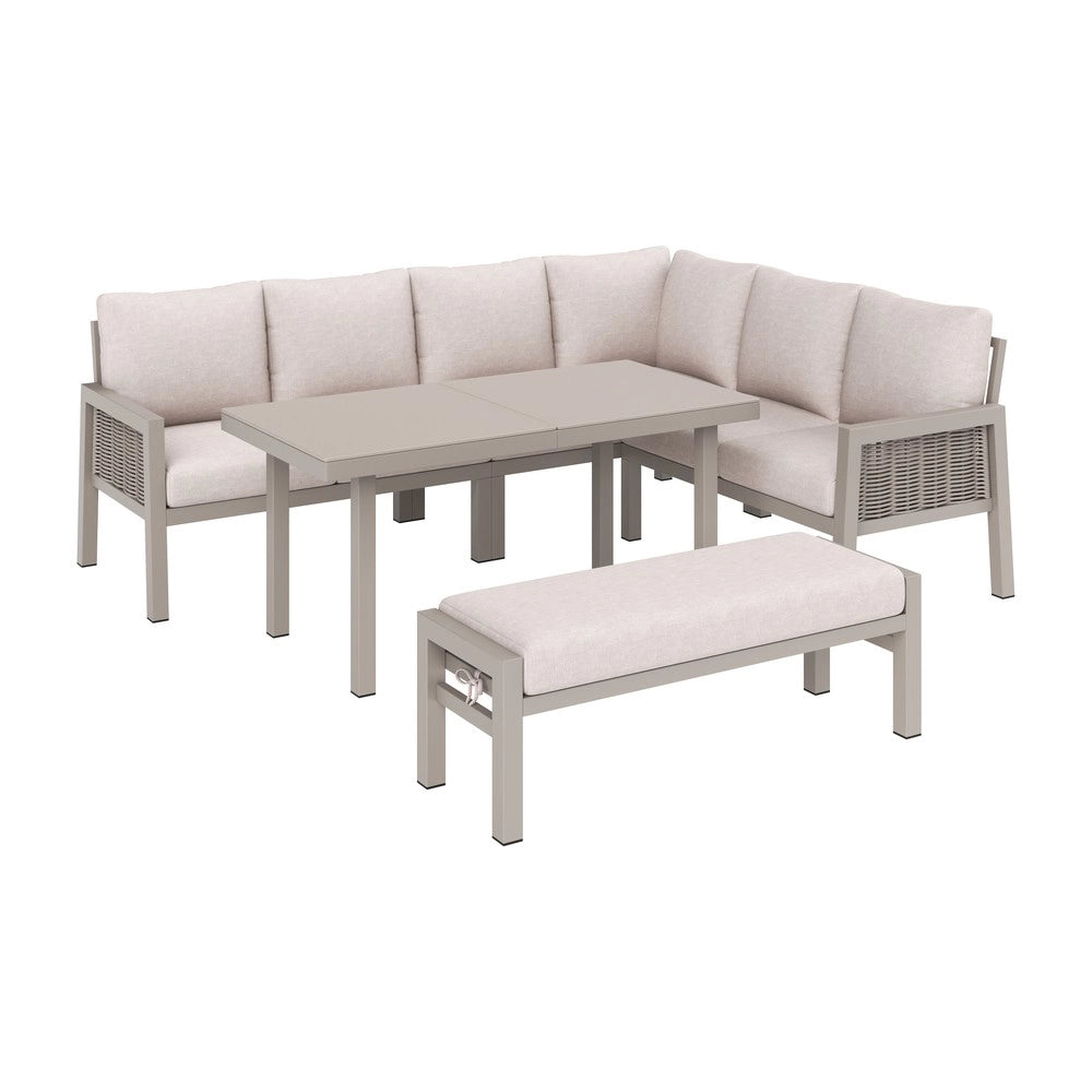 Set da giardino per 8 persone - Zephmum- Tavolo in vetro, ferro zincato, tessuto PE intrecciato a mano, colore kaki