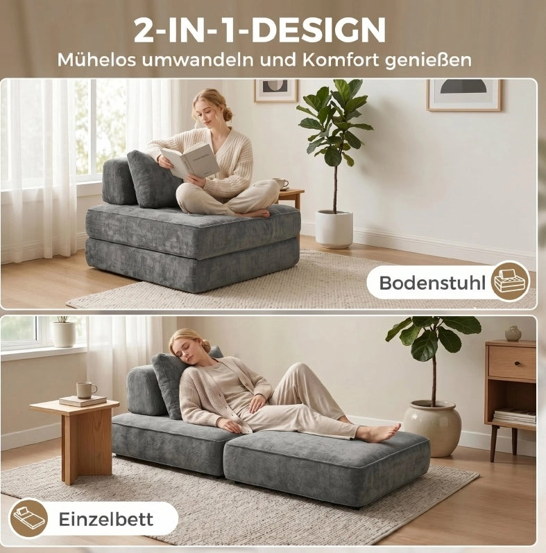 Poltrona Letto Pieghevole 2-in-1 in Chenille Grigia con Cuscino di Supporto Spesso