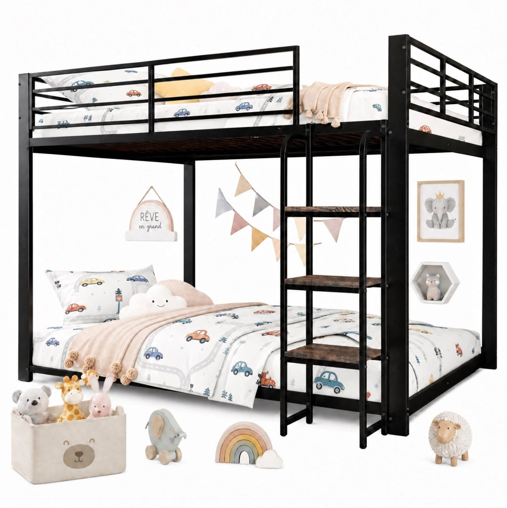 Letto a castello in metallo e MDF con scale in legno; 140x200 cm; nero