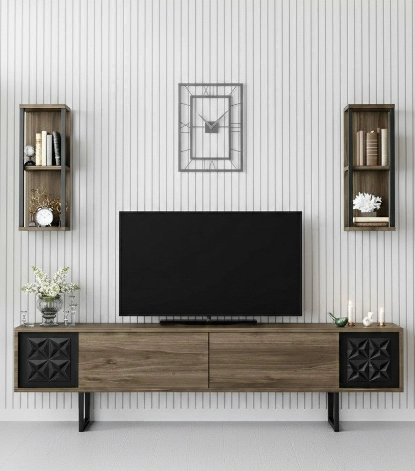 Mobile porta TV Axa, Credenza da soggiorno, Armadio basso per TV, Base parete attrezzata, 180x30h48 cm, Noce e Nero