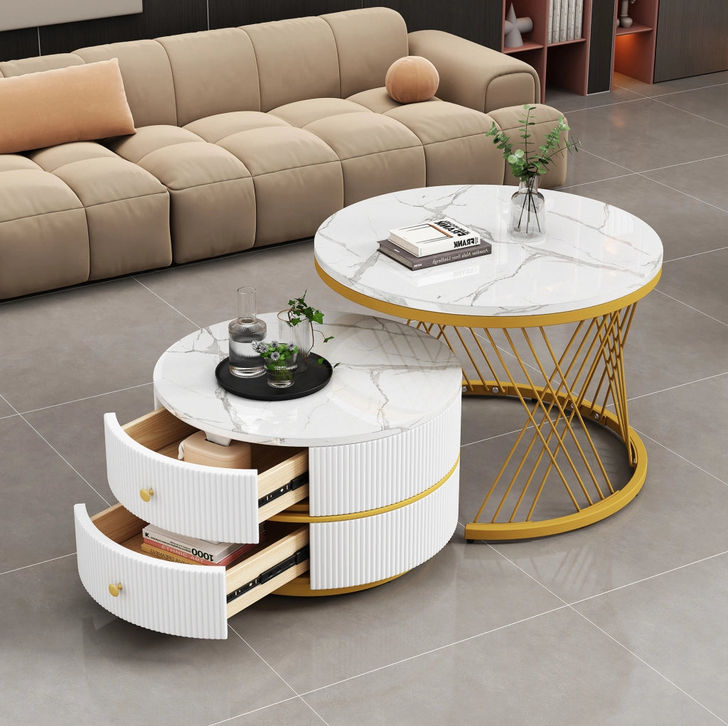 Set di 2 tavolini da caffè rotondi 60x60x46 cm e 50x50x30.8 cm; effetto marmo lucido; MDF; bianco